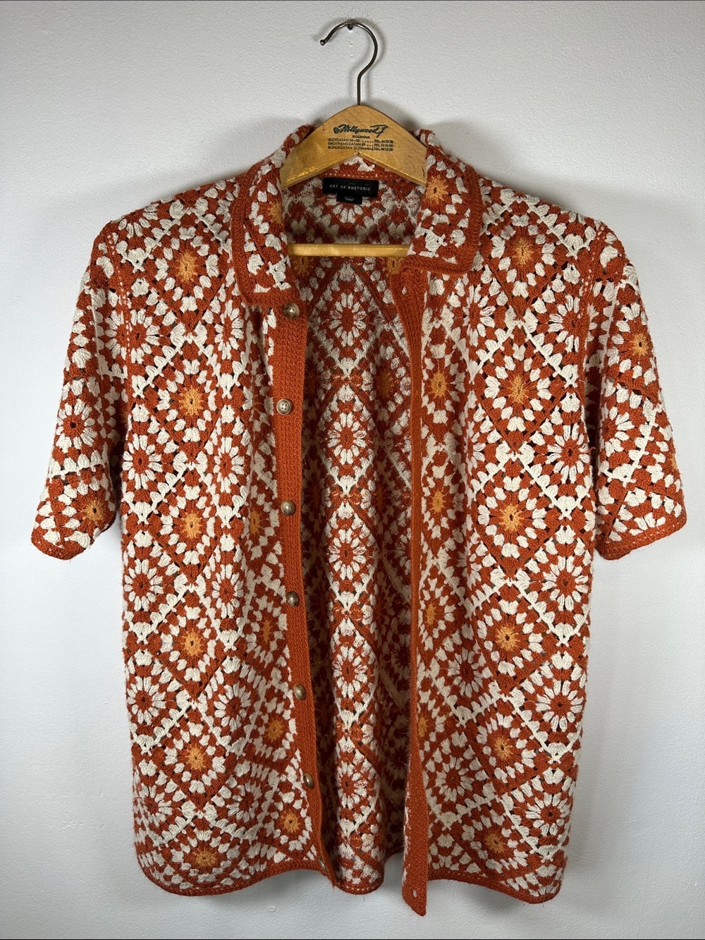 Art of Rhetoric Vintage-Inspired Orange Crochet Button-Up Cardigan Men’s M - Picture 3 of 14